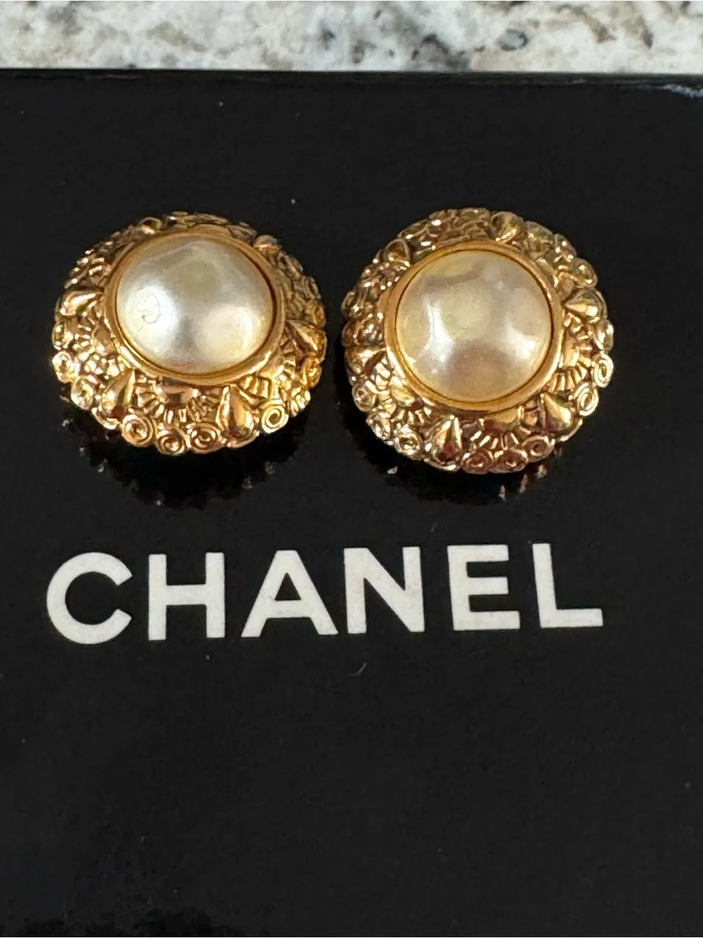 CHANEL Vintage Gold-tone Earrings with Pearl Centers